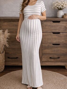 PinkBlush Maternity Bodycon Maxi Dress Neutral Stripe Bump Friendly Size M